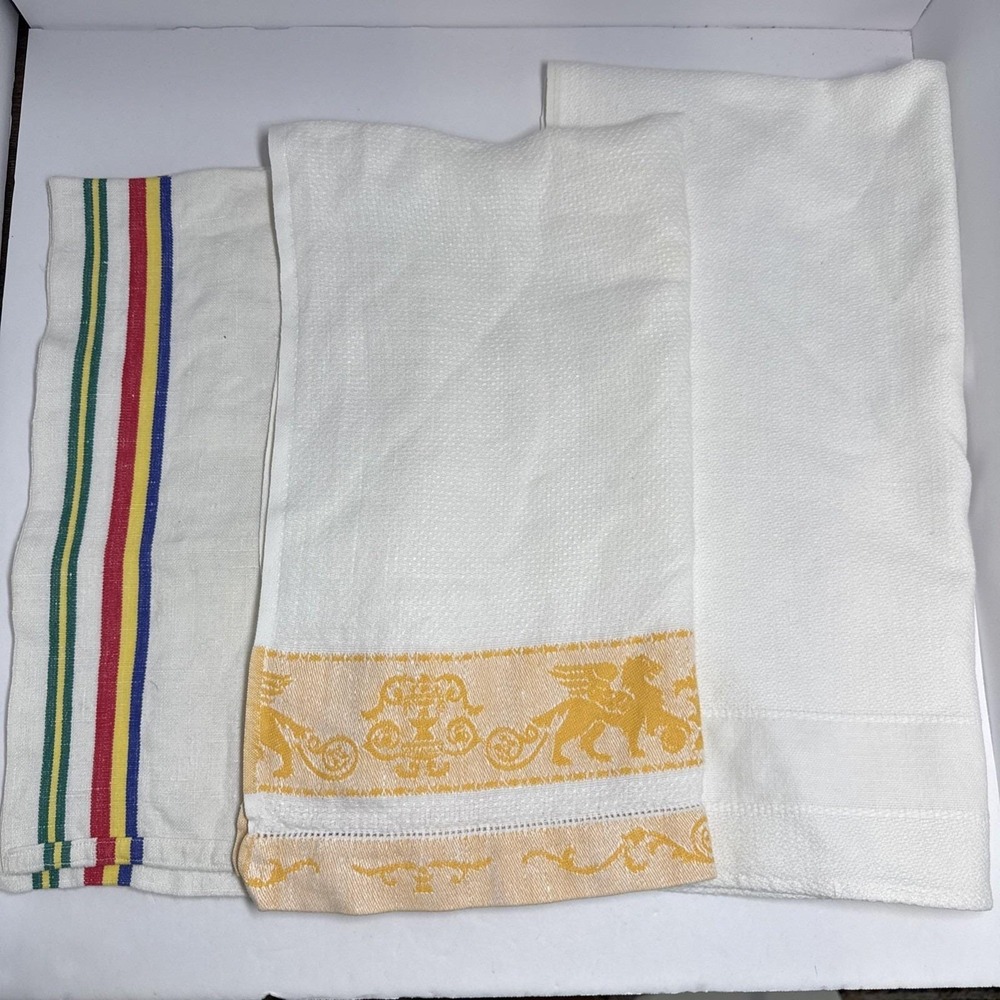 VTG Linen Tea Towels Lot 3 Linen Flour Sack Striped Solid Edge Brocade Kitchen